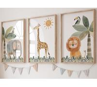 Eviepops Prints Quadri per Cameretta Safari - Set 3 Stampe Senza Cornice con Animali Acquerello per Bambini, Decorazione da Parete o Sala Giochi