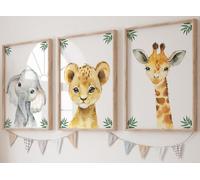 Eviepops Prints Quadri, Poster Da Parete, Safari, Verde Marrone, A3 | Elefante, giraffa e leone con foglie della giungla, set da tre per la cameretta, idea regalo per nascita e battesimo