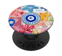 Evil Eye Summer Beach Hibiscus Flower Shells Collage Preppy PopSockets PopGrip Adesivo