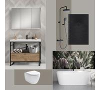 evineo ineo bagno con sistema mobili e armadietto a specchio La: 100 cm, WC, vasca e doccia, incl. rubinetteria, BE-Bad-Set7#NEW, ineo3 [Mobili da Bagno > Set Mobili da Bagno]