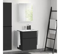 evineo ineo4 mobile La: 61 cm, 2 scomparti estraibili, con maniglia, lavabo bianco, con armadietto a specchio,, BE0834WH+BE0200BM+BEA001MI+BL001197, ineo4 [Mobili da Bagno > Set Mobili da Bagno]