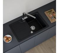 evineo line 100 lavello da cucina con ripiano laterale La: 78 P: 50 mm, reversibile, FOD100SBL, line 100 nero opaco [Lavelli da Cucina > per Base Sottolavello a partire da 45 cm]