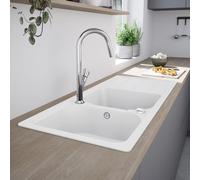 evineo line 100 lavello da cucina con vasca doppia e ripiano La: 116 P: 50 cm, FOD200WE, line 100 bianco [Lavelli da Cucina > per Base Sottolavello a partire da 80 cm]