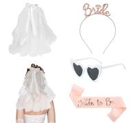 EVJF - 6 pezzi, accessorio per sciarpa, diadema, fascia JGA in oro rosa, cintura accessori per giochi, futura sposa, velo, bianco, per feste EVJF travestimento