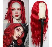 EVLYNN Parrucca lunga ondulata rossa sangue da donna, sintetica, lunga e riccia, colore rosso scuro, 61 cm