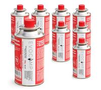 EVOCAMP Cartuccia di gas da 120 g, 8 pezzi, ultraleggere, con valvola a | EN417 - Valvola di sicurezza, gas butano per fornello da campeggio, bruciatore per erbacce, bruciatore a gas