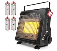 EVOCAMP Riscaldatore a gas portatile, riscaldatore da campeggio 1,7 kW, riscaldatore a gas per interni ed esterni con sistema di sicurezza contro la carenza di ossigeno (+ 4 cartucce di gas)