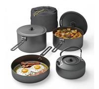 EVOCAMP Set pentole da campeggio 4 pezzi in alluminio, set cucina outdoor leggero e impilabile con manici pieghevoli e borsa da trasporto