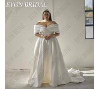 EVON abiti da sposa Ovesrize da sposa con spalle scoperte scollo a v con tasca in raso a-line abiti da sposa abiti su misura De NoviaEVON BRIDAL Ovesrize Abiti da sposa Off Shoulder V-Neck con Tasca