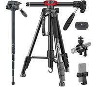EVUMO Treppiede Fotocamera, 167cm Alluminio Cavalletto Macchina Fotografica Monopiede Con Rotazione 360° Colonna Centrale, Tripod Testa Fluido Per DSLR Videocamera, Clip Per Telefono, Carico Max 5Kg