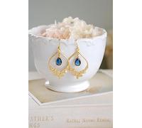 EVURU 1 paio di orecchini pendenti con gancio di zircone blu intarsiato rotondo con motivo intagliato oro per donna gioielli da sposa