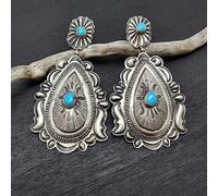 EVURU Orecchini a goccia in pietra blu con intarsi rotondo etnico, orecchini pendenti con motivi intagliati a mano a goccia d'acqua color argento antico vintage, 1 paio