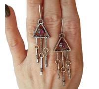 EVURU Orecchini in pietra rossa con intarsio rotondo vintage orecchini pendenti intagliati a mano triangolo in metallo colore argento etnico gioielli 1 paio