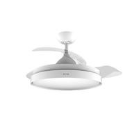 EVVO Ventilatore da soffitto con pale rettilineo e luce, Ø107 cm, 3 pale, motore DC 40 W, 6 velocità, timer fino a 4 ore, funzione inverno-estate, protezione IP44 (modello: V450 invisibile) bianco