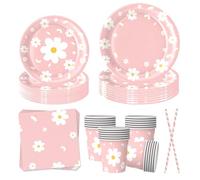 EVYIENEN 50 pezzi di stoviglie per feste, margherite bianche, tovaglioli, cannucce di carta, accessori per 10 ospiti (margherite)