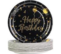 EVYIENEN 50 piatti di carta Happy Birthday nero e oro, 17,8 cm, piatti da dessert usa e getta, set di piatti di carta per compleanni, feste, picnic, laurea