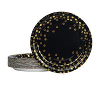 EVYIENEN 50 piatti di carta nero e oro, 17,8 cm, piatti da dessert usa e getta, piatti di carta per compleanni, feste, per picnic, feste di laurea
