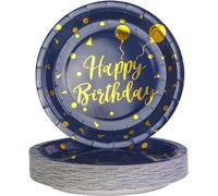 EVYIENEN Set di 50 piatti di carta Happy Birthday blu e oro, 17,8 cm, piatti da dessert usa e getta, per compleanni, feste, picnic, laurea