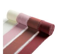 Ewaymado 4 rotoli di nastro in chiffon di seta con frange fatte a mano, bordeaux e crema, 3,8 cm x 4,5 m per rotolo, con bordi sfilacciati, per confezioni regalo, decorazioni per matrimoni, bouquet da
