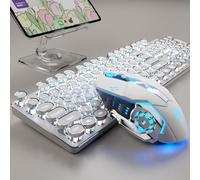 EWEADN TK950 - Tastiera meccanica e mouse per macchina da scrivere retrò, tastiera da gioco wireless Bluetooth/2.4G/cablata a 104 tasti, retroilluminazione bianca, interruttore blu clicky, copritasti