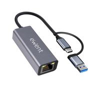 Ewent Adattatore Ethernet USB-C a RJ45 Gigabit 1000 Mbps con adattatore USB-A incluso, cavo 15 cm, design in alluminio compatto, Plug & Play per PC, laptop e tablet, Windows, macOS, Linux, ChromeOS