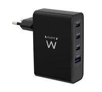 Ewent Caricatore GaN 100W a 4 Porte, 3 USB-C Power Delivery PD 3.0 e Quick Charge 4.0, 1 USB-A QC 3.0, Alimentatore Rapido Compatto per Notebook, Tablet e Smartphone, Nero