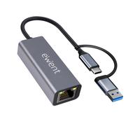 Ewent Adattatore Ethernet USB-C a RJ45 Gigabit 1000 Mbps con adattatore USB-A incluso, cavo 15 cm, design in alluminio compatto, Plug & Play per PC, laptop e tablet, Windows, macOS, Linux, ChromeOS