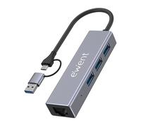 Ewent Hub USB-C 4-in-1, Adattatore Type C/USB-A 3.2 Gen1 a 3 porte USB-A e una Porta Gigabit Ethernet, 5Gbps + LAN Cablata, Velocità per Laptop, PC & MacBook, Android, Windows, Mac OS, iOS (15cm)