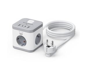 Ewent Multipresa Elettrica 7-in-1, Presa Multipla Cubo 3680W con 2 Prese USB-C e 2 Prese USB e 3 Prese Schuko, Ciabatta Multipresa Schuko 16A con Interruttore, Cavo 1.5m, per Elettrodomestici e Phone