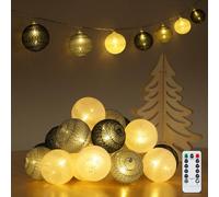 Ewikin Catena Luminosa a Sfere di Cotone LED - 20 Sfere per Cameretta dei Bambini, USB e Batteria, con Telecomando per Interni