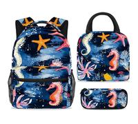 ewndhtse Set di 3 zaini per la scuola con borsa per il pranzo e astuccio, set da 3 pezzi, zaino da viaggio, zaino casual per adolescenti, ragazze, ragazzi, primaria, junior, medio, cavalluccio marino