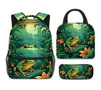 ewndhtse Set di 3 zaini per la scuola con borsa per il pranzo e astuccio, set da 3 pezzi, zaino da viaggio, zaino casual per adolescenti, ragazze, ragazzi, primaria, junior, media, rana sulla giungla