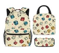 ewndhtse Set di 3 zaini per la scuola con borsa per il pranzo e astuccio, set da 3 pezzi, zaino da viaggio, zaino casual per adolescenti, ragazze, ragazzi, primaria, junior, medio, dadi da casinò