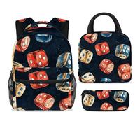ewndhtse Set di 3 zaini per la scuola con borsa per il pranzo e astuccio, set da 3 pezzi, zaino da viaggio, zaino casual per adolescenti, ragazze, ragazzi, primaria, junior, medio, dadi da casinò