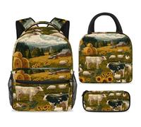 ewndhtse Set di 3 zaini per la scuola con borsa per il pranzo e astuccio, set da 3 pezzi, zaino da viaggio, zaino casual per adolescenti, ragazze, ragazzi, primaria, junior, media, fattoria, animali