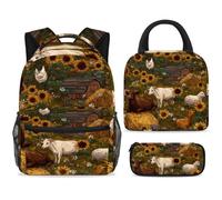 ewndhtse Set di 3 zaini per la scuola con borsa per il pranzo e astuccio, set da 3 pezzi, zaino da viaggio, zaino casual per adolescenti, ragazze, ragazzi, primaria, media, animali della fattoria sul