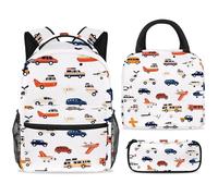 ewndhtse Set di 3 zaini per la scuola con borsa per il pranzo e astuccio, set da 3 pezzi, zaino da viaggio, zaino casual per adolescenti, ragazze, ragazzi, primaria, junior, mezzo, auto, autobus e