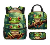 ewndhtse Set di 3 zaini per la scuola con borsa per il pranzo e astuccio, set da 3 pezzi, zaino da viaggio, zaino casual per adolescenti, ragazze, ragazzi, primaria, junior, media, albero rana su ramo