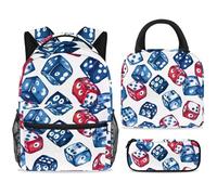 ewndhtse Set di 3 zaini per la scuola con borsa per il pranzo e astuccio, set da 3 pezzi, zaino da viaggio, zaino casual per adolescenti, ragazze, ragazzi, primaria, junior, medio, dadi da casinò