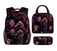 ewndhtse Set di 3 zaini per la scuola con borsa per il pranzo e astuccio, set da 3 pezzi, zaino da viaggio, zaino casual per adolescenti, ragazze, ragazzi, primaria, junior medio, meduse luminose e