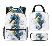 ewndhtse Set di 3 zaini per la scuola con borsa per il pranzo e astuccio, set da 3 pezzi, zaino da viaggio, zaino casual per adolescenti, ragazze, ragazzi, primaria, junior, medio, cavalluccio marino