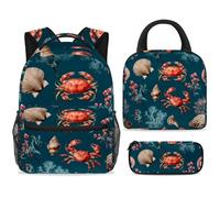 ewndhtse Set di 3 zaini per la scuola con borsa per il pranzo e astuccio, set da 3 pezzi, zaino da viaggio, zaino casual per adolescenti, ragazze, ragazzi, primaria, junior, medio, granchio