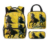 ewndhtse Set di 3 zaini per la scuola con borsa per il pranzo e astuccio, set da 3 pezzi, zaino da viaggio, zaino casual per adolescenti, ragazze, ragazzi, primaria, junior, medio, cavallo galoppo