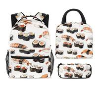 ewndhtse Set di 3 zaini per la scuola con borsa per il pranzo e astuccio, set da 3 pezzi, zaino da viaggio, zaino casual per adolescenti, ragazze, ragazzi, primaria, junior, medio, cibo per sushi