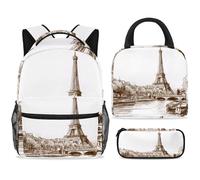 ewndhtse Set di zaino per la scuola con borsa per il pranzo e astuccio, set da 3 pezzi, zaino da viaggio, zaino casual per adolescenti, ragazze, ragazzi, primaria, junior, media, torre Eiffel, fiume