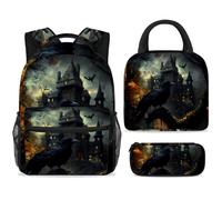 ewndhtse Set di zaino per la scuola con borsa per il pranzo e astuccio, set da 3 pezzi, zaino da viaggio, zaino casual per adolescenti, ragazze, ragazzi, primaria, junior, medio, corvo su albero