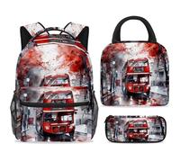 ewndhtse Set di zaino per la scuola con borsa per il pranzo e astuccio, set da 3 pezzi, zaino da viaggio, zaino casual per adolescenti, ragazze, ragazzi, primaria, junior, medio, autobus rosso a due
