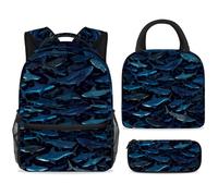ewndhtse Set di zaino per la scuola con borsa per il pranzo e astuccio, set da 3 pezzi, zaino da viaggio, zaino casual per adolescenti, ragazze, ragazzi, primaria, junior, media, con squali senza