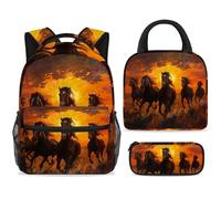 ewndhtse Set di zaino per la scuola con borsa per il pranzo e astuccio, set da 3 pezzi, zaino da viaggio, zaino casual per adolescenti, ragazze, ragazzi, primaria, junior, media, cavalli al galoppo