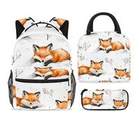ewndhtse Set di zaino per la scuola con borsa per il pranzo e astuccio, set da 3 pezzi, zaino da viaggio, zaino casual per adolescenti, ragazze, ragazzi, primaria, junior, medio, volpi sdraiate sulla